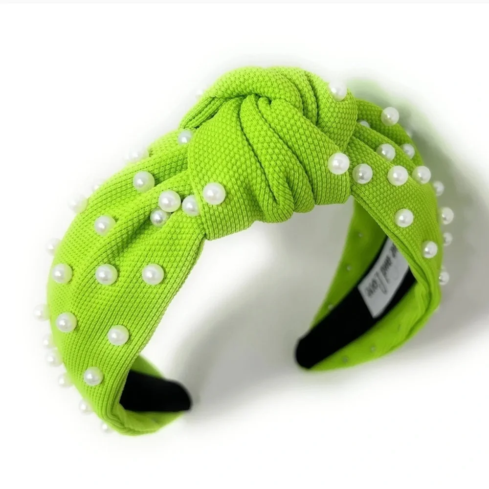 Neon Lime White Pearl Knot Headband